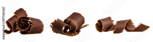 фотографія Chocolate curls isolated background, dark shavings for dessert decoration