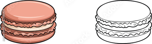 French macaron illustration & outline set isolated on transparent background