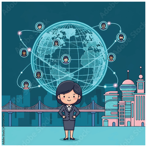 Businesswoman in gray formal attire standing.