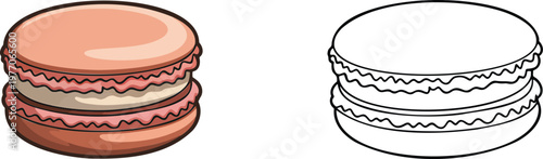 French macaron illustration & outline set isolated on transparent background