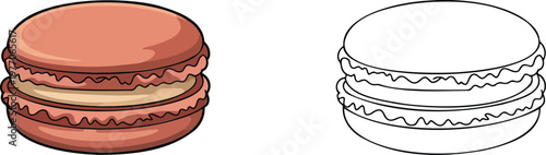 French macaron illustration & outline set isolated on transparent background