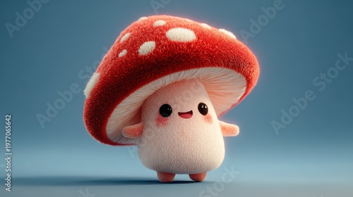A small, friendly mushroom character hops around happily with a red cap and white spots in a bright blue background. It moves playfully while showing its cheerful expression.