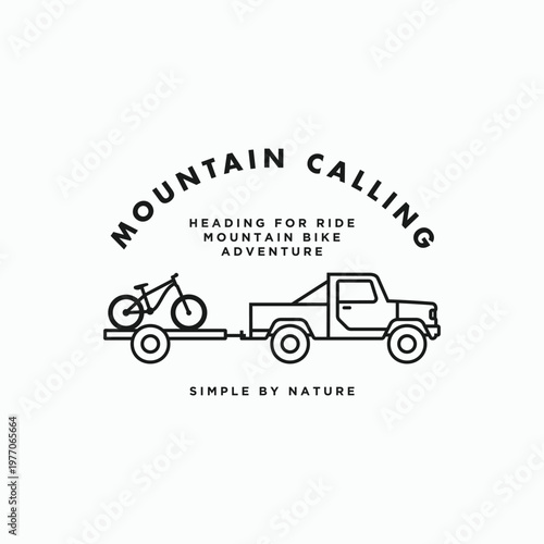 Mountain bike trailer carrier minimal logo icon. Pickup truck trailer haul a bicycle MTB symbol. Bicycle transporter heading to the bike track poster, tee design