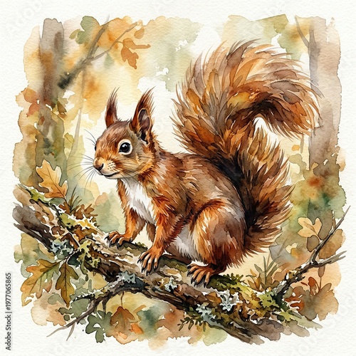 Watercolor Squirrel on Branch in Autumn Forest with Warm Colors