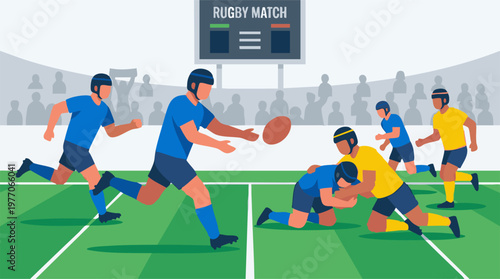 Rugby match illustration with players in action and scoreboard