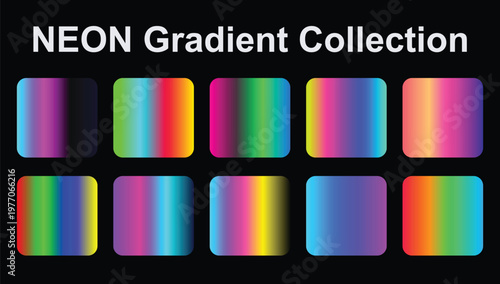 Neon gradient collection set with vibrant rainbow color transitions, abstract glowing mesh backgrounds, colorful futuristic blend textures, modern minimal backdrop bundle
