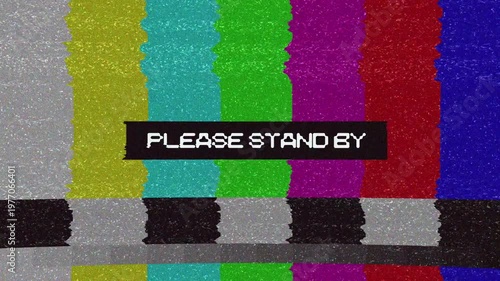 Please Stand By TV Screen with Snowy Static and Color Bars. 4K Video