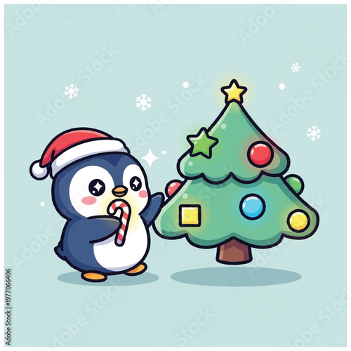 Penguin wearing Santa hat licking candy.