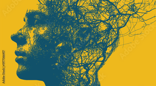 A profile silhouette of a human head depicting mental health issues. A vector illustration where complex lines transform into smooth, orderly lines.