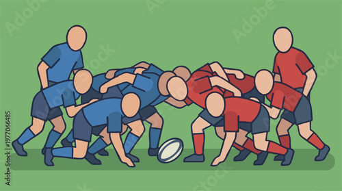 Rugby scrum in action, two teams pushing for the ball, flat illustration