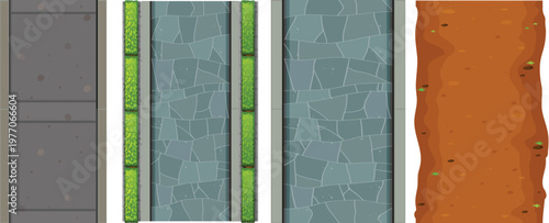 Isometric top down view of various pedestrian walkway surface materials vector
