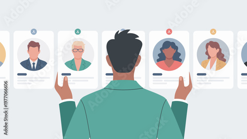 A man in a green suit is viewing multiple job candidate profiles on a digital platform.