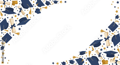 Celebratory graduation frame border with caps and confetti in dark blue and gold hues on a decorative graduation day scene with joyful achievement viewpoint