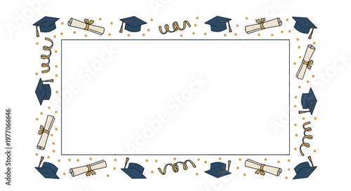Graduation Frame with Blue Border and Gold Accents Surrounds a Festive Scene with Diplomas and Caps in a Digital Illustration Template for Celebration and Achievement