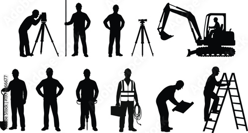 Construction workers silhouettes set surveyor excavator ladder tools engineer labor black shadow vector illustration collection building site design
