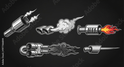 Collection of exhaust pipes with smoke and flames.