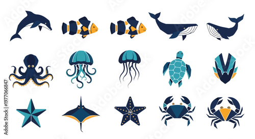 A vibrant collection of tribal-style ocean animal illustrations featuring a dolphin, fish, whale, and various sea creatures in a bold, graphic design with a predominantly blue and yellow