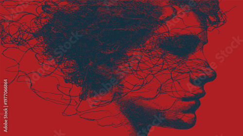 A profile silhouette of a human head depicting mental health issues. A vector illustration where complex lines transform into smooth, orderly lines.
