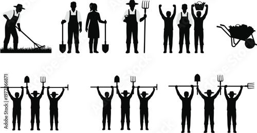 Farmers silhouettes set agriculture workers tools shovel rake pitchfork rural farming labor black shadow vector illustration collection design