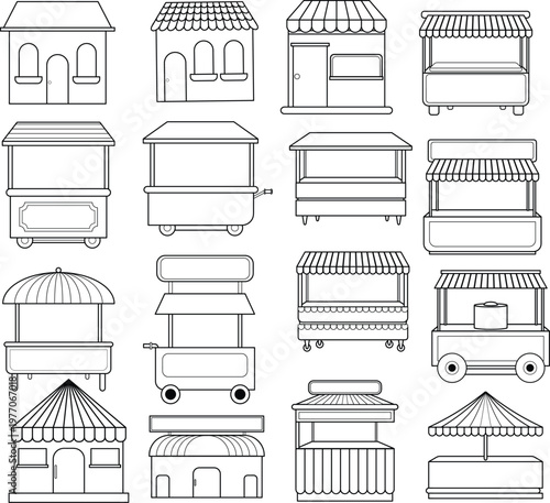 Set of outline shop market stalls and food carts vector