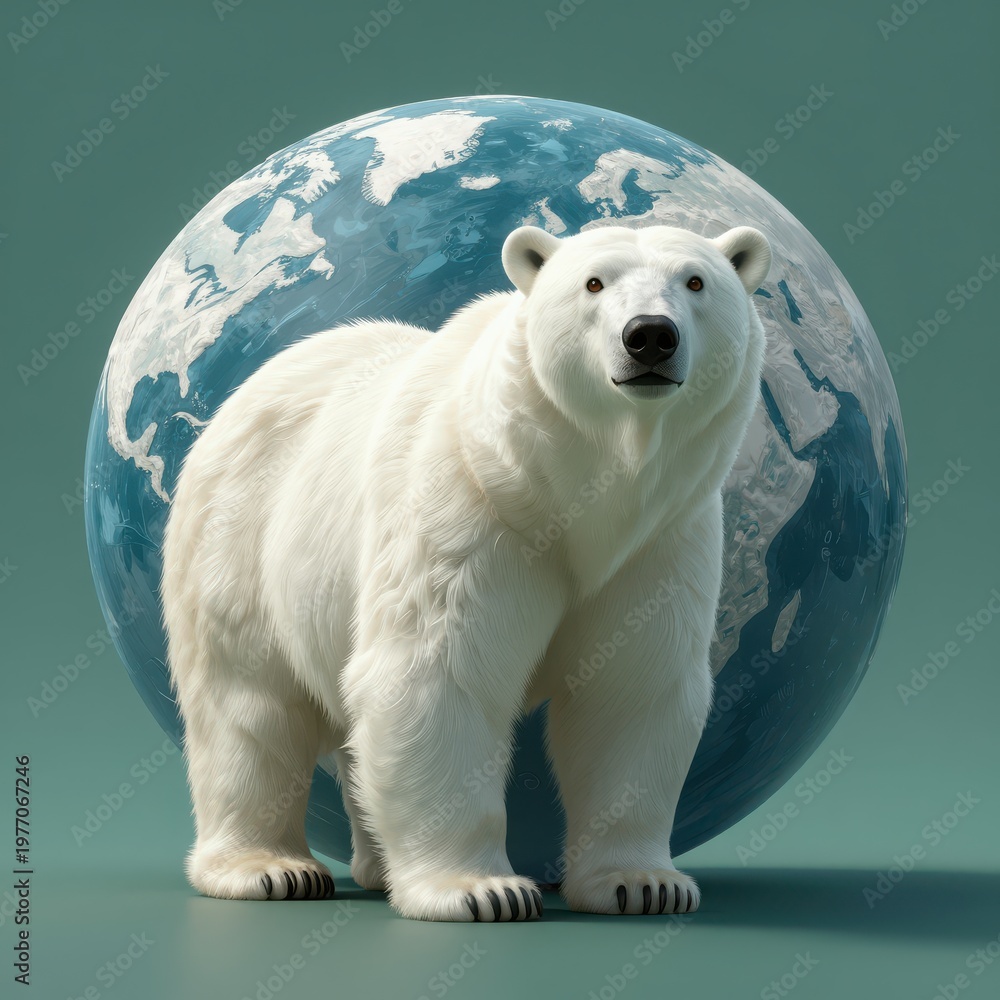 Fototapeta premium A Majestic Polar Bear Stands Prominently in Front of a Stylized Globe, Symbolizing Global Environmental Awareness and Climate Change Impact.