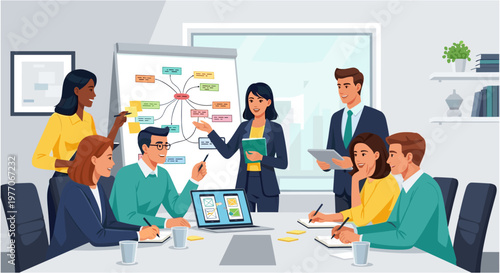 Diverse business team brainstorming meeting in modern office with colorful sticky notes on whiteboard in bright corporate lighting for marketing