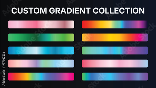 Custom gradient collection set with vibrant neon rainbow color transitions, abstract modern spectrum backgrounds, colorful mesh gradients, glowing futuristic backdrop bundle