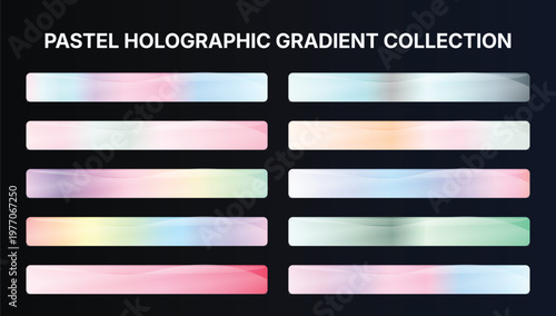 Pastel holographic gradient collection set with soft iridescent mesh backgrounds, modern abstract rainbow color transitions, neon blurred textures, trendy futuristic backdrop bundle