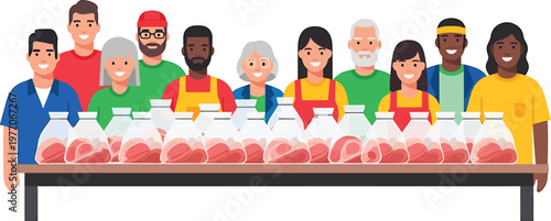 a group of people standing behind a table with pitchers and jugs on it