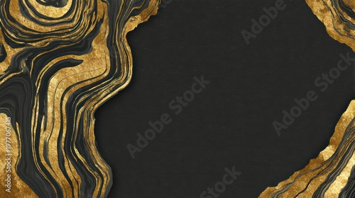 Luxurious black and gold marbled texture frames a dark central copy space