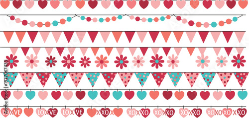 "Festive Vector Bunting Collection with Hearts, Flowers, and XOXO for Valentine's Day, Celebrations, and Party Decor Designs"