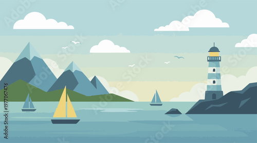Flat Design Coastal Landscape with Lighthouse, Mountains, and Sailboats