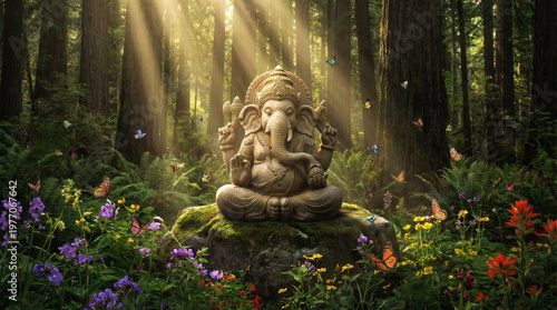 Lord Ganesha stone idol illustration forest setting sunlight rays wildflowers butterflies serene nature spiritual harmony background wallpaper