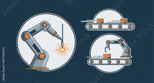 Robotic arm welding and conveyor belt with boxes.