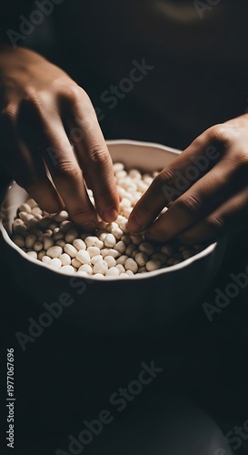 Hands Sorting White Beans in a Bowl.