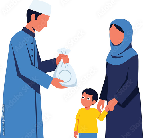 A muslim family with a little boy holding a bag