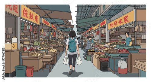 Woman with backpack walks through a busy Asian market with food stalls and people