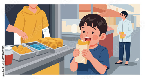Young boy happily eating a street snack from a vendor stall