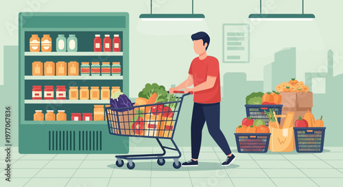 Man pushing a full shopping cart through a brightly lit supermarket aisle