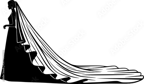 Bride with Long Veil Silhouette Wedding Gown Fashion Elegance Black Vector
