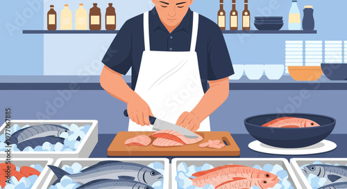 Skilled fishmonger preparing fresh fish fillets at a seafood market counter