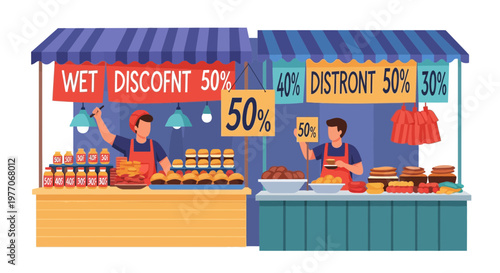 Street food vendors offering discounts at market stalls with burgers and snacks, promoting sales