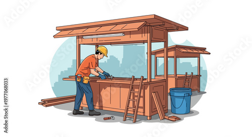 Construction worker meticulously measuring wood at a stall structure, highlighting skilled craftsmanship and urban development.