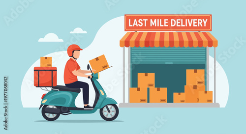 Delivery worker on a scooter with packages at a last mile delivery store