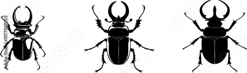 A striking Japanese rhinoceros beetle illustration in a flat vector style, featuring stark black silhouette against a pure white background with crisp high contrast edges and minimalist stencil design