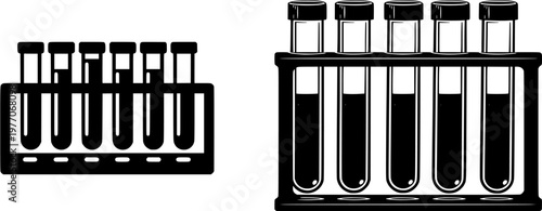 A minimalist black-and-white illustration of a laboratory rack with six test tubes, set against a pure white background, showcasing crisp high contrast edges in a flat vector style