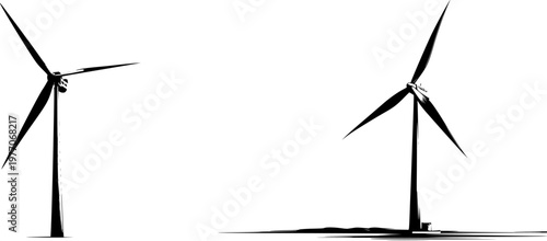 A sleek modern wind turbine with three blades stands starkly against a pristine white background, showcasing crisp high-contrast edges in a flat vector style