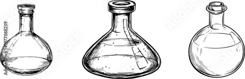 A round-bottom distillation flask with a continuous tube is depicted in bold black ink outline against a solid white background, showcasing monochrome coloring book style clarity and clean line art