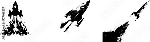 A sleek rocket ship launches into the sky with stylized exhaust flames in a flat vector style, isolated on a pure white background, showcasing crisp high contrast edges and minimalist stencil design
