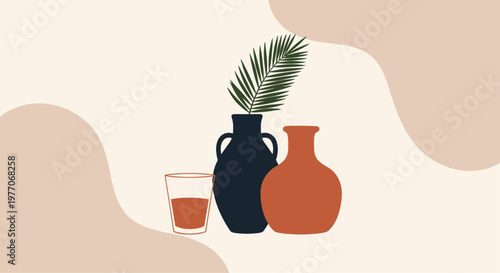Still life illustration of two ceramic vases and a glass of juice with a palm leaf against an abstract beige background.